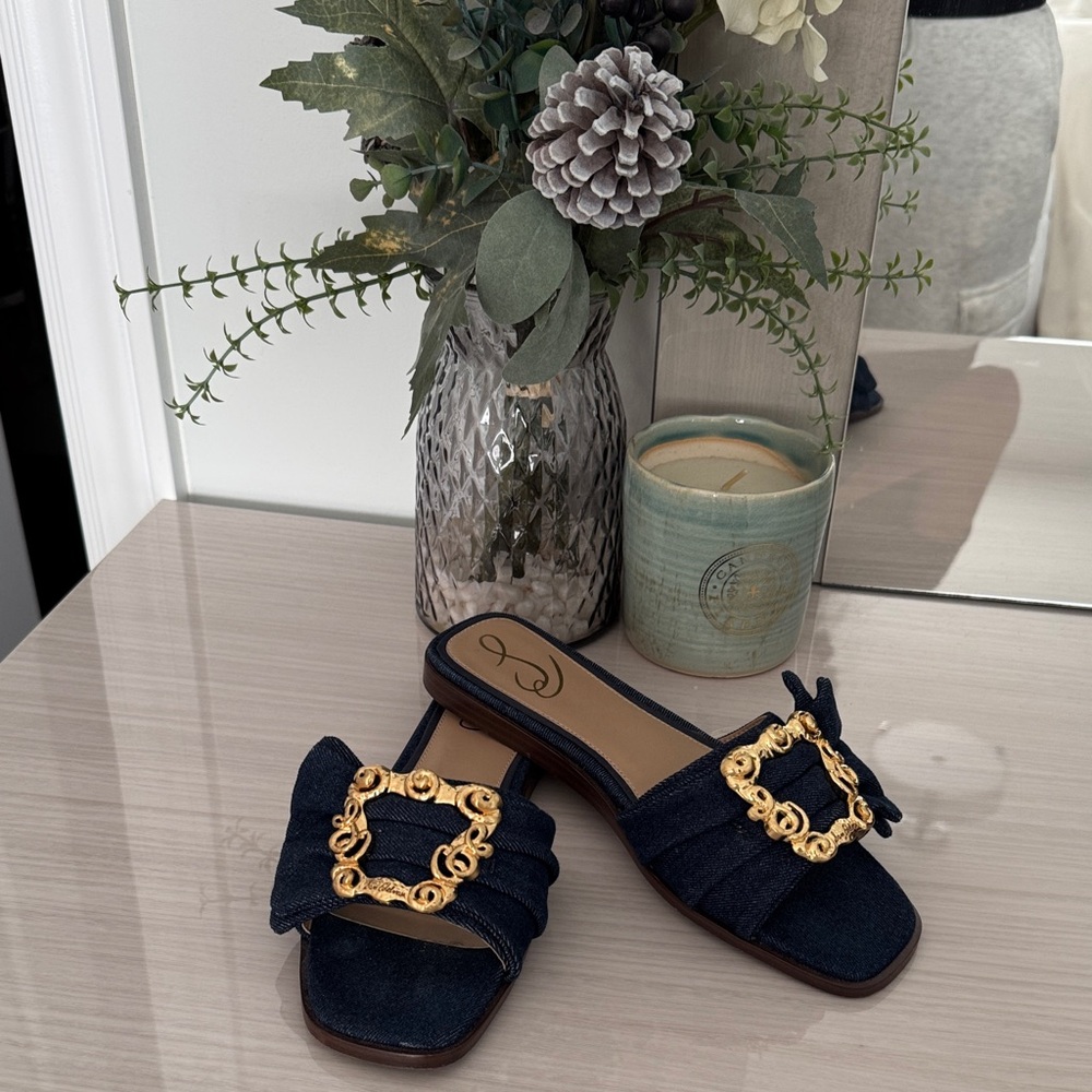 Sam Edelman 

Women's Denim Slide Sandals with Gold Buckle